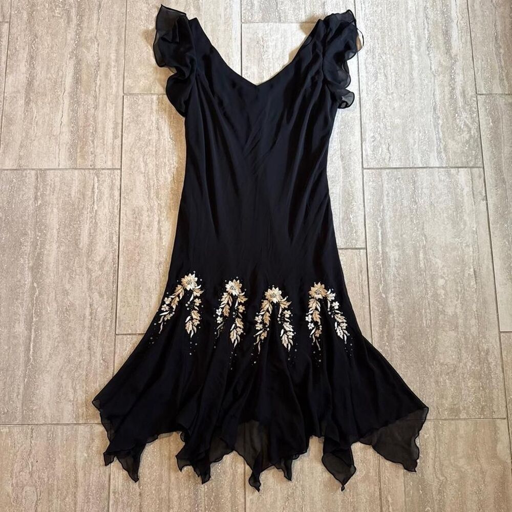 Vtg Y2K Black Chiffon Embroidered Fairy Dress Handkerchief Hem Whimsigoth 16 - Picture 4 of 8